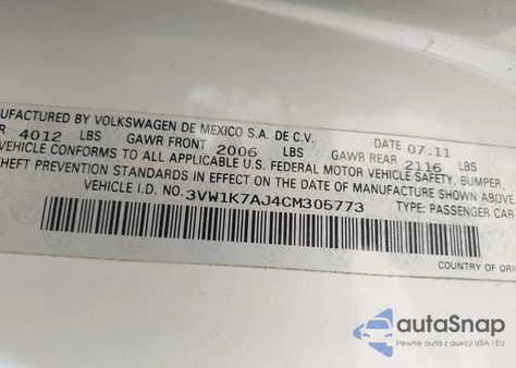 2012 Volkswagen Jetta 2.0L S z USA, uszkodzony, nr VIN 3VW1K7AJ4CM305773